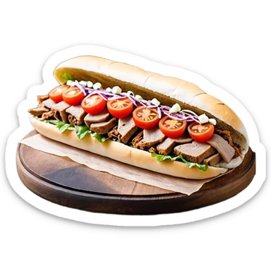 Döner im frisch aufgebackenen Fladenbrot, außen leicht knusprig, innen weich. Gefüllt mit saftigem Dönerfleisch, knackigem Salat, Tomaten, Zwiebeln und Kräutersauce. Warme Food‑Fotografie, hohe Details, natürliche Farben, appetitliche Präsentation, Fokus auf Texturen und Frische.“ sticker