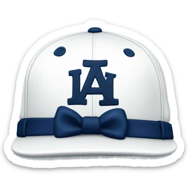a white baseball hat with a navy blue bow on it sticker
