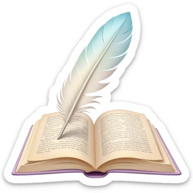 Create a delicate and poetic emoji representing poetry. The design should feature several elegantly flying pages with short poetic columns written on them. The pages should appear light and flowing, almost as if being carried by the wind. Include one white feather, gently resting on the pages, symbolizing creativity and inspiration. Use soft, pastel tones to give it a dreamy, artistic feel. The design should feel ethereal and whimsical, capturing the essence of poetry. Make the background transparent. sticker