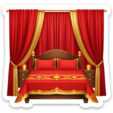 bed with red and gold sheets, wooden, red courtains sticker