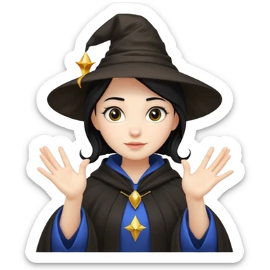 female wizard with black hair in a low bun under a wizards hat with both hands palm up sticker