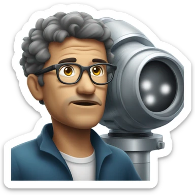 Astronomer with glasses pushed up on his forehead bending over to look through huge telescope sticker