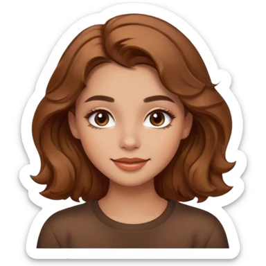 emoji girl with warm bronzy eyeshadow, caramel shimmer, fluffy brows, glossy nude lips, soft contour, wavy brown hair, cozy calm smile sticker