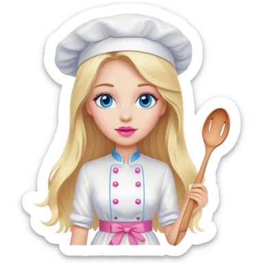 Cinematic realistic beautiful blonde with long hair, blue eyes and pink lips in a white dress cooks sticker