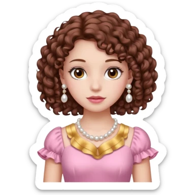 A girl with a brown curly hair and beautiful brown eyes and white skin and pink dress with pearl jewelry sticker