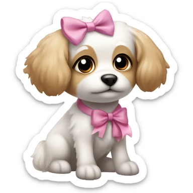 small, fluffy female white dog with brown eyes sitting with a pink bow. It has downward ears and a stubby tail sticker
