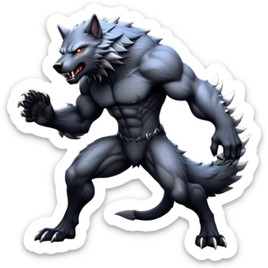 cinematic-noble-fierce-werewolf-full-body-emoji, poised-and-imposing, with a tall, lean, and muscular wolfish frame inspired by the brutal, imposing shape of the beast from Berserk, fur rippling in shades of midnight black and silver, massive paws with razor-sharp claws, elongated limbs and fangs, eyes glowing with an intense, primal ferocity, reflecting the untamed power of the wild moonlit night; rendered with realism sticker