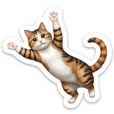 brown tabby and white cat with doing a big extremely long stretch reaching up into the air with arms and legs side by side together straight and overextended whilst lying on its side sticker