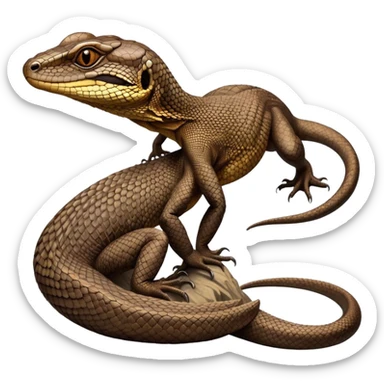 Cinematic Noble brown monitor Lizard Portrait Emoji, Poised and regal, with a robust, scaled body exhibiting striking, mottled patterns and piercing, alert eyes, Simplified yet sharp and sophisticated features, highly detailed, glowing with a soft, earthy glow, high shine, intelligent and formidable, stylized with an air of ancient wilderness, focused and commanding, soft glowing outline, capturing the essence of a watchful and confident reptilian guardian that appears ready to stride out of the screen with effortless authority! sticker