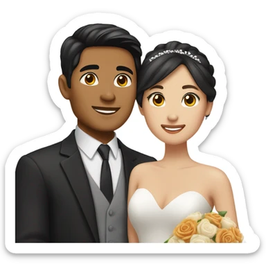 Brown eyes tan skin Asian man with brown eye black hair light fair skin woman in love in wedding  sticker