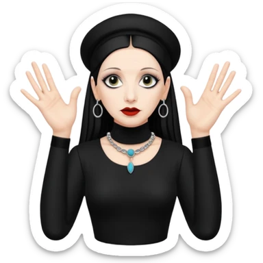 Lene Lovich shown as on the Stateless album cover with a typical symmetrical hand pose sticker