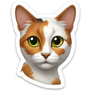 calico cat, green iris, black covering right side forehead and left eye brow, orange right ear sticker