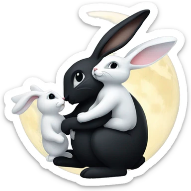 Black rabbit hugging white rabbit with moon behind them sticker