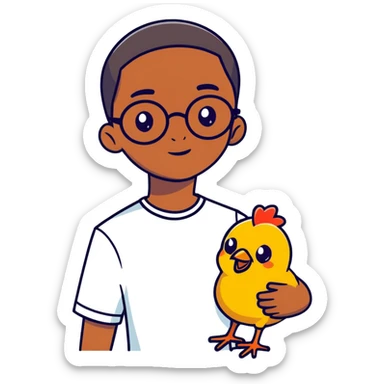 African boy with straight short hair that goes down to his forehead with glasses holding a chicken and small eyes sticker