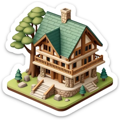 National Parks lodge, isometric dollhouse-style, realistic sticker