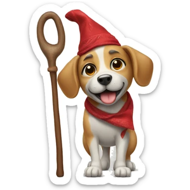 Dog walking on two back legs, holding a hobo stick with a red bandana on head  sticker