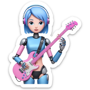 a cyper robot carry her note and electric guitar and try to change the world with pink and bluecolor sticker