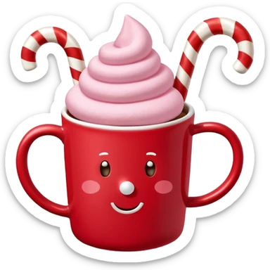 hot chocolete with pastel pink marshmallows in red christmas mug and candy cane sticker