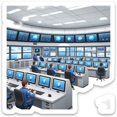 space mission control room with multiple screens and operators at desks sticker