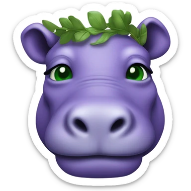 A purple hippo with green eyes and a laurel wreath sticker
