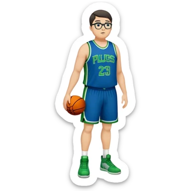 Full Body plus size white male with dark short hair basketball player wearing glasses wearing blue green uniform sticker