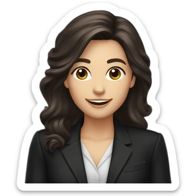 Caucasian Woman with voluminous long dark brown hair, dark brown eyes, pretty smile, dressed with a black blazer. Pointing up sticker