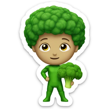 cute mini superhero with green clothes and a broccoli as hair,  full body saying hello sticker