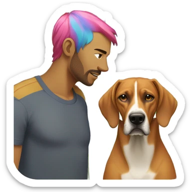 white male with long rainbow colored hair standing alongside a brown rhodesian ridgeback sticker