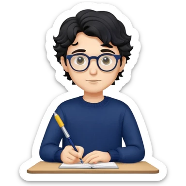 Young caucasian man with black wavy hair, round glasses, navy blue sweater, holding a pen, designer sticker