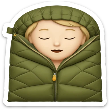 sleeping bag in blue/yellow to olive & tan (#7D7A52 / #E1C699). sticker