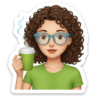 White girl with dark brown curly hair, brown eyes, sky blue glasses, apple green t shirt, drinking coffee sticker