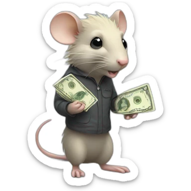Rat standing up with long blond hair holding money sticker
