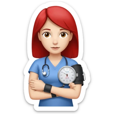 blood pressure cuff wrapped around upper arm with dial reading female patirent sticker