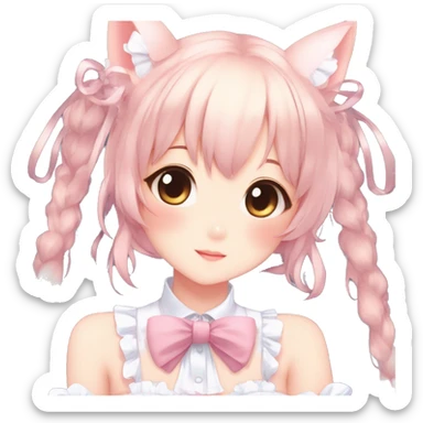 Gorgeous anime style catgirl with blushing face with maid outfit bow tie idol model kawaiicore pearly petite simplistic aesthetic trending style sticker