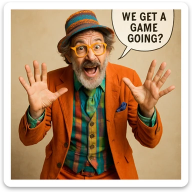 an eccentric man with unique style, looking intrigued and asking about the game, energetic and fun sticker