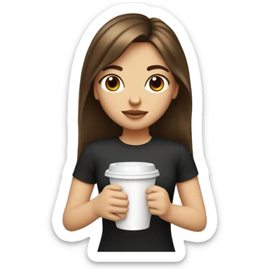 Girl with brown hair, curtain bangs and white skin holding stabucks cup sticker