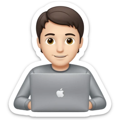 A white brunette man in his mid 20s, middle parted short hair, average dude with slightly droopy eyes, happy, using a silver laptop (no logo) sticker