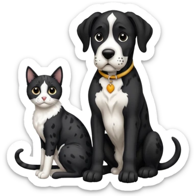 Black and white great dane dog sitting with a black and white cat sticker