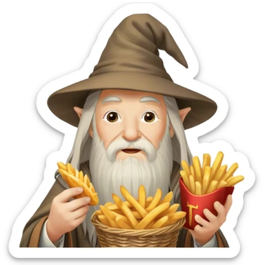 gandalf eating fries, holding a small basket of golden, crispy fries in one hand and a fry in the other. his iconic long white beard and wizard hat are present, with a playful expression as he enjoys the snack. the background is a cozy tavern with warm lighting and a whimsical atmosphere sticker