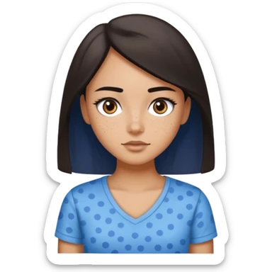 Wausau girl with dark brown eyes straight but voluminous middle length very dark brown hair, wearing a v neck t shirt with a white background and speckled blue pattern thin eyebrows that are sparse  sticker
