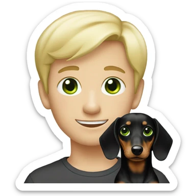 Green eyes short blonde hair boy with long black haired dachshund sticker