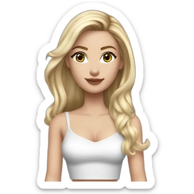 realistic caucasian long blonde hair dark brown eyes woman white crop top gray mini skirt black high heels sticker