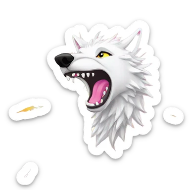 Sparkling crazy white snarling aggressive wolf dancing snow mad big eyes illustration doodle high contrast lightning bolt halo sun beams white pink yellow red party sparkle glitter sticker