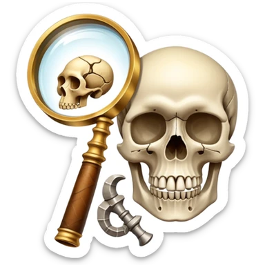 An icon showing a skull and ancient artifacts, representing anthropology. The design features a magnifying glass examining bones, fossils, and cultural symbols, symbolizing the study of human evolution and societies. Transparent background emphasizes the academic and exploratory nature. sticker
