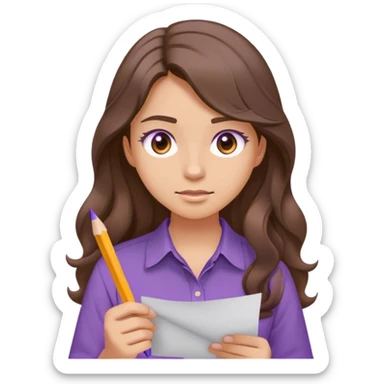 girl with long wavy brown hair in a purple shirt like the normal emoji and brown eyes taking a test and light tan / peach skin  sticker