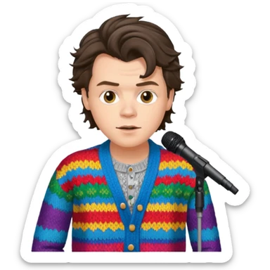 harry styles with a mic, he is wearing a colorful cardigan sticker