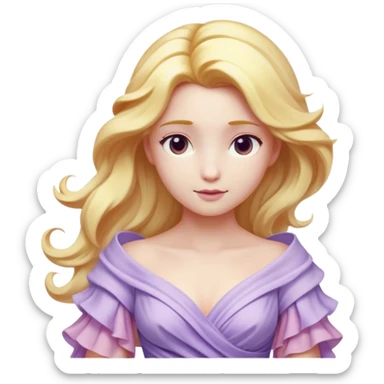 Cinematic Realistic Rapunzel Portrait, with porcelain-like skin featuring a subtle, natural glow, illuminated by soft lighting that brings out the gentle contours of her face. Her long, golden blonde hair cascades in detailed waves, each strand highlighted with a radiant shimmer as it catches the light. She playfully holds a flower in one hand, her other hand resting casually in her lap, with a warm and spirited expression. Her bright, expressive green eyes exude curiosity and warmth, framed by delicate lashes and soft, arched brows. She is dressed in her classic lavender and pink gown, the fabric textured with delicate folds that flow naturally, catching the light with a soft, radiant glow. The portrait captures a luminous, enchanting aura, seamlessly blending realism with a whimsical, fairytale charm, evoking a timeless sense of beauty and magic. sticker