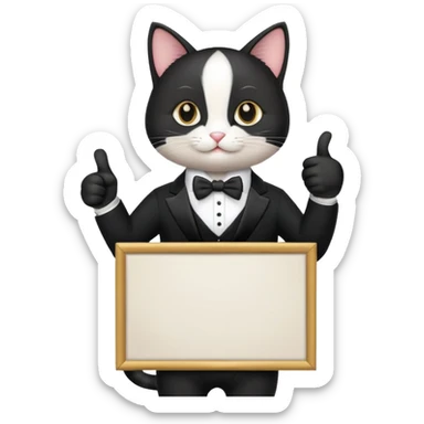 A cat in a black business suit holds a sign with the inscription "PrimeCopy" with one paw and shows a like with the other paw sticker