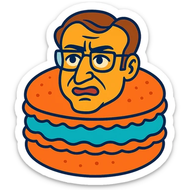 Emmanuel Macron transformed into a macaron with an expressive face, vibrant colors sticker