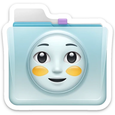 A simple emoji-style icon of a transparent white plastic folder, minimal and clean, with rounded corners, subtle translucency, soft shading, and a small self-care, skincare, routine documents symbol on the front sticker